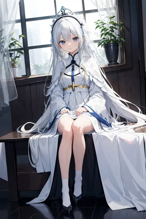  An anime girl sitting on a chair。
She holds a cross sword in her hand。
 Her long white hair scattered over her shoulders  ，  wearing a beautiful headdress 。
She wears a flowing white dress， the hem of the dress was ridiculously long ，Dressed in a long-sle...