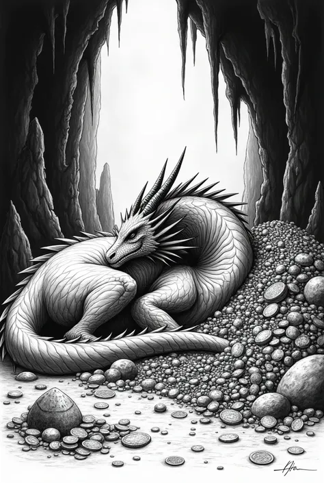 Black and white drawing of a dragon sleeping in a cave full of treasures