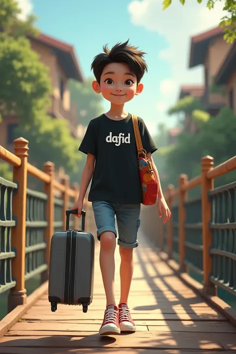   A random and sweet Indonesian youth wearing a black dafid Logo T-Shirt,  and a Grey Cargo Short Suitcase , Carrying a Galas Bag ,  Converse shoes walk across a drawbridge made 