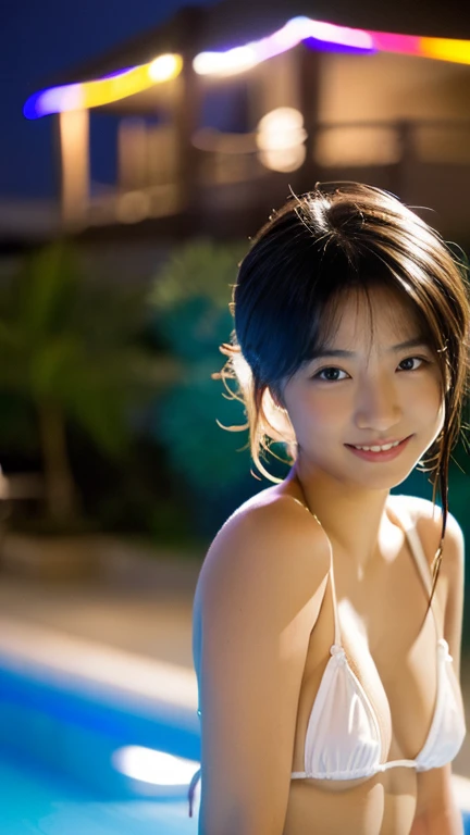 ( Night Poolside )、Caribbean Resort、Shooting with Leica, analog, 35mm、 (Artistic light leakage:1.4), Lens flare:1.4、Style Row、 beautiful Japanese girl , smile, Alone、(( white skin))、((Visual Rape:1.6)), ( embarrassing)、( ecstasy)、 high school girl、cute、Ado...