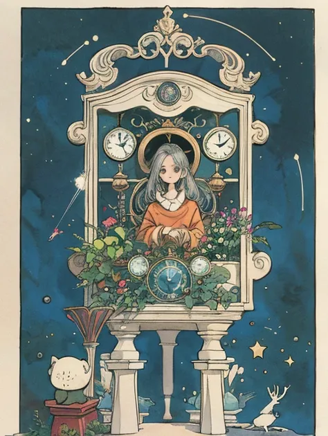 With sleeves,comicss, cute woman、Grey Hair、 medium short 、 sweater, full body,comics、watercolor,analog、 flat fill 、 90s style ,Blue Star,Botanical,clock, ocean, simple background、  knight , Expansive Scenery ,Hanging Garden,space, constellation, face detai...