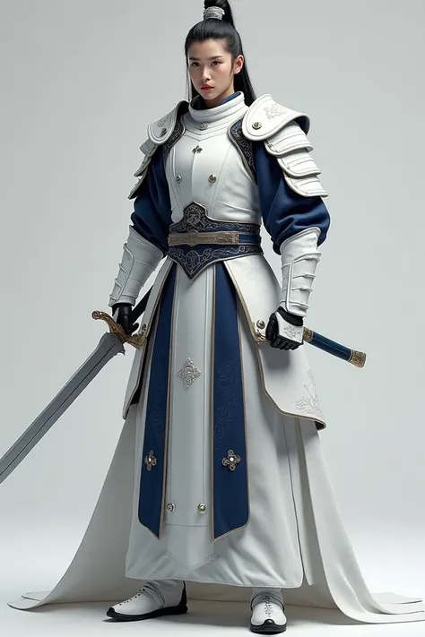 Generate an image of an Asian warrior With mint condition, white armor with navy blue Accents. They have sharp elegant sword with a curved handle. I want to see it all