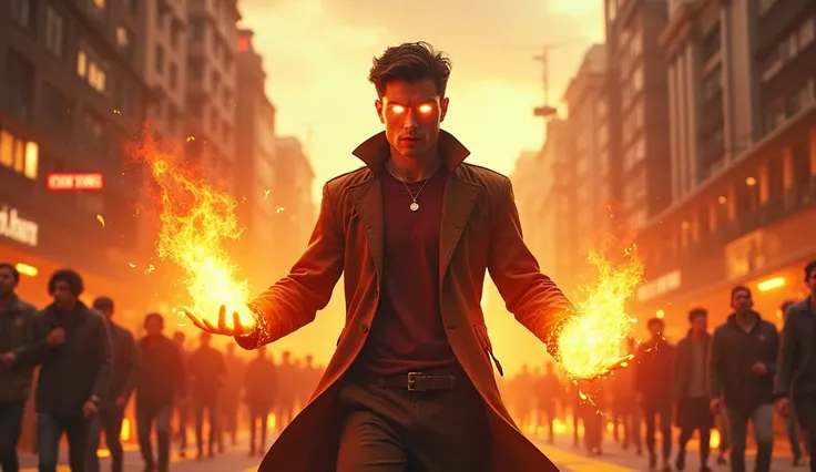 A young man with superpowers  ,  glowing eyes and fire energy in his hands ,  threatens to destroy a city while people run away.