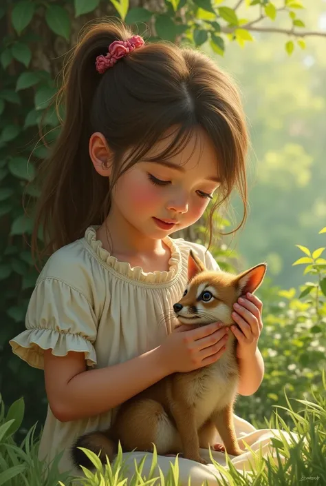 Girl nursing an animal 