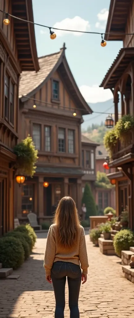 an old street， is a three-story wooden structure on both sides ， with old carvings ，An inn ， The wine flag picked out says “Inn” ， A beautiful woman with long hair wearing a beige sweater and cowboy pants stands in front of the hotel，Autumn atmosphere， Ult...