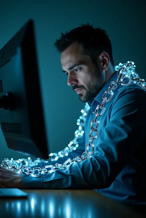 A man in front of the computer freeing himself from chains that come off the computer screen 