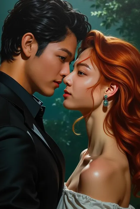  Oil-style image of a man like Jeon Jungkook from bts ,  seeing a woman with copper hair electric green eyes beautiful porcelain skin,  flushed cheeks ,  both are face to face looking into each others eyes , Its nighttime and the atmosphere is dark and rom...