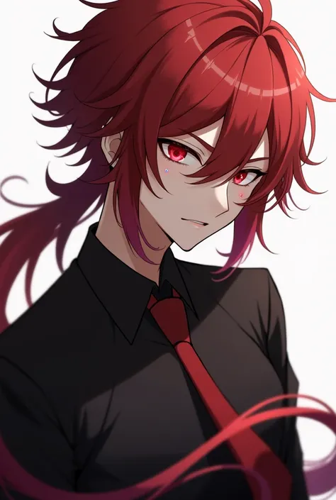 masterpiece, best quality, diluc (genshin impact), 1boy, male focus, red hair, red eyes, long hair, solo, simple background, white background, hair between eyes, bangs, closed mouth, ponytail, sparkle, looking at viewer, antenna hair, cropped shoulders, sh...