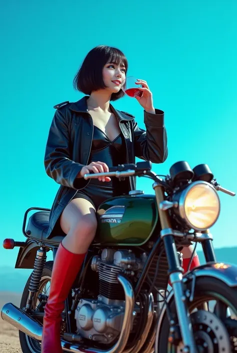  Max Image, high definition ,Surrealistic depiction ,The background is bright sky blue 1 color , Japanese woman straddling a motorcycle from the Japanese motorcycle manufacturer Honda parked,  motorcycle with cowl ,HONDA logo on the tank on the motorcycle ...