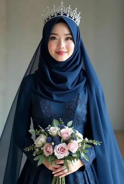 (photorealism:1.2), BEAUTIFUL HIJAB BRIDE ,  IN NAVYBLUE WEDDING DRESS , HANDBOUQET , WEARING SMALL CROWN