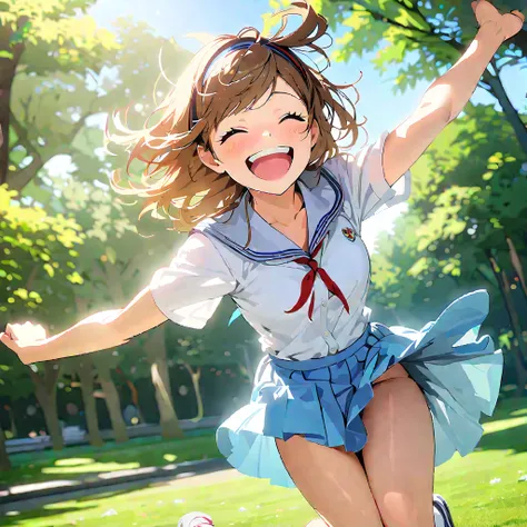 jumping, school uniform, serafuku, hair band, medium hair, brown hair, happy laughing, park, daytime, in summer, stunning face, (masterpiece), (best quality), (ultra detailed), 1 girl, late teenage