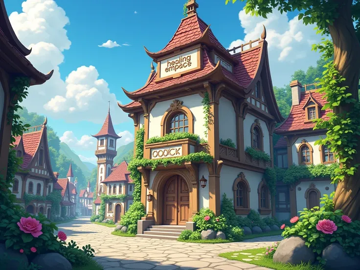 anime, Old fantasy city ,  healing building with a sign: "Healing Embrace ".