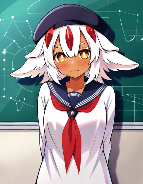  score_9,  score_8_above,  score_7_above, faputa,  dark skin,  white fur ,  looking at viewer ,  masterpiece ,  absurdres,  anatomy, highres,  school uniform, beret, aboveper body, classroom, shy,  looking down, wavy mouth, Cabello Flor ,  arms behind the ...