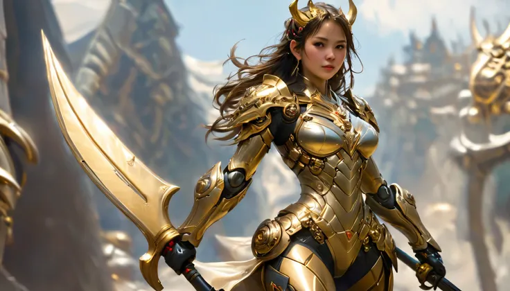 realistic full-bodied  girl wearing gold devil armor