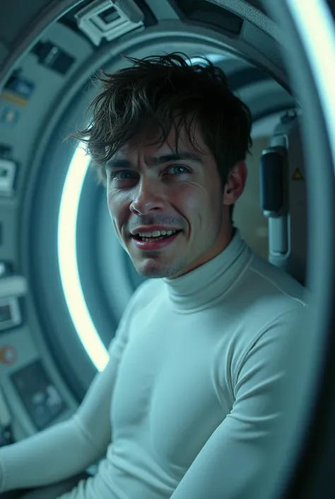 michael angel,  short dark brown hair ,  blue eyes,  fully dressed in a white Spandex suit,  inside the Conversion Chamber, suffering pain .