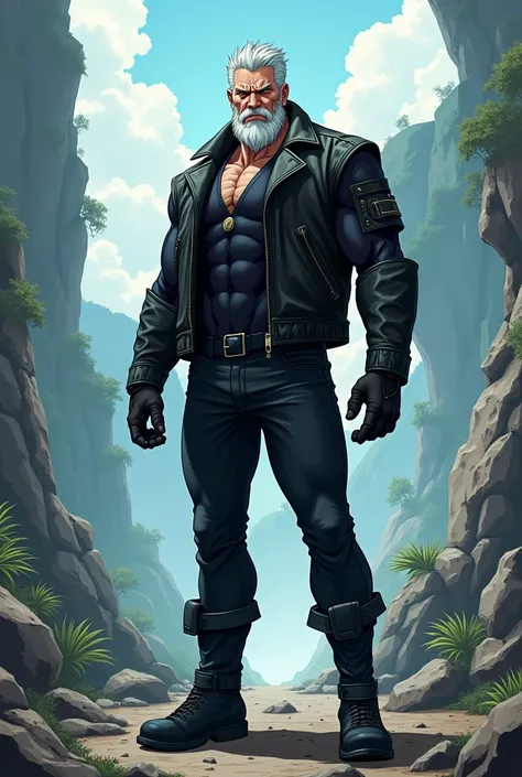 Tall, muscular man, 60s, white hair and black beard, stern facial expression, skin tight black latex, biker jacket, black jeans, boots, black gloves, in a fantasy world, anime.