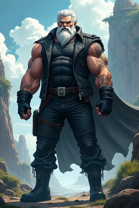 Tall, muscular man, 60s, white hair and black beard, stern facial expression, skin tight black latex, biker jacket, black jeans, boots, black gloves, in a fantasy world, anime.