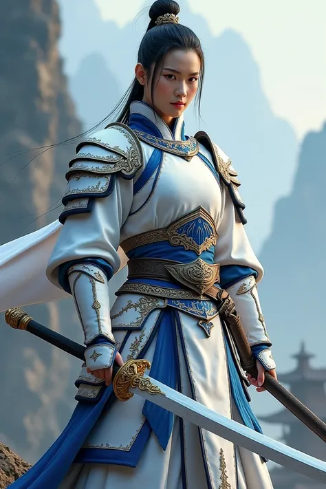 Generate an image of an Asian warrior with a mint condition white armor with blue accents they are brave and mighty, and they have a sharp, elegant sword with a curved handle.