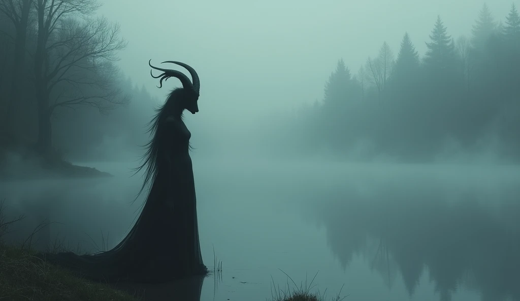 heavy fog ,  dark environment, Shadow of a woman with a goats head with very long hair on a lake,  impressionist painting style 