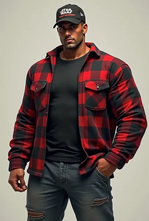 63 muscular build male with short black hair wearing a Star Wars hat with black T-shirt and red and black flannel jacket with jeans 