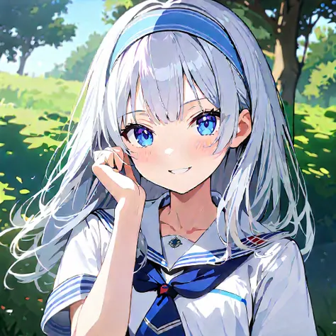 (masterpiece), (best quality), (ultra detailed), 1 girl, late teenage, blue eyes, hair band, short silver hair, school uniform, serafuku, park, daytime, in summer, stunning face, smile