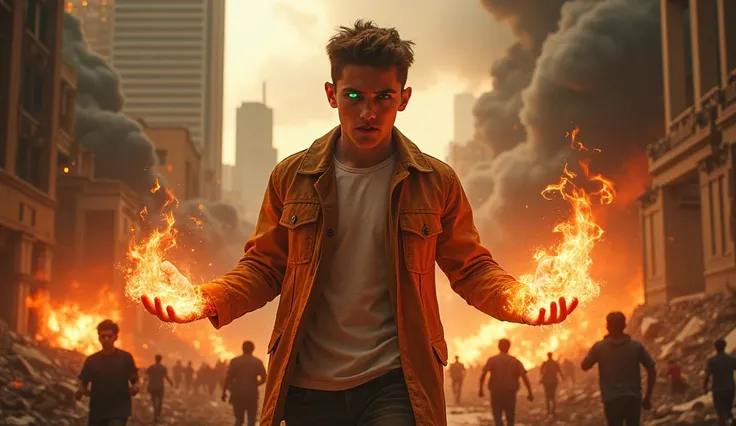  A young man with an expression of fury and determination finds himself in the center of a crumbling city,  with their eyes shining brightly in a radiant green .  Fire energy emerges from their hands ,  wrapped in flames that swirl ,  illuminating the air ...