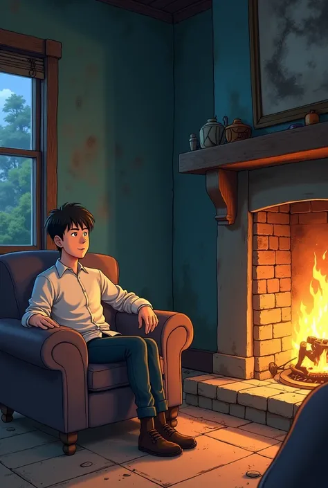 Man sitting on a sofa next to his old fireplace and in the background of the image of an old wooden door all anime style looks like a messy place since they havent cleaned it several days ago