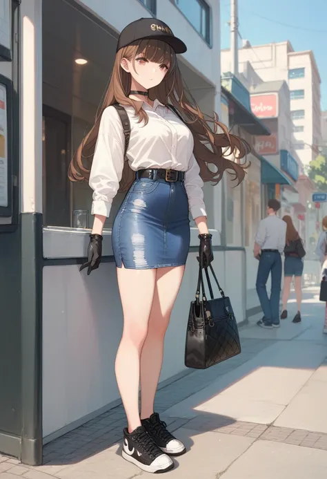 bangs, straight hair, brown hair, dress shirt, black patterned mask, denim pencil skirt, denim skirt, full body sho, black ball cap, long hair, long sleeves, black gloves , black choker, black belt, black sneakers