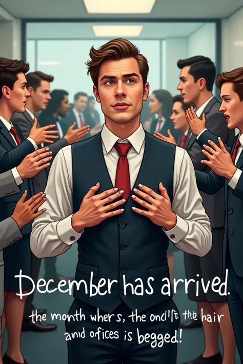  Take an image of an office meme , and write the phrase : December has arrived ,  month where the one with the hair and nails is begged