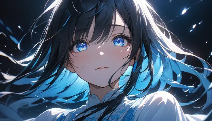  Upper Body Closeup （((masterpiece), exist)"Close portrait of a young woman，In anime style, Shoulder-Length Black Hair with Blue Highlights. 她的头发exist风中轻轻飘动, She gazed upward，With a pair of big,  Shining Eyes . The background is dark blue, Like a calm nigh...