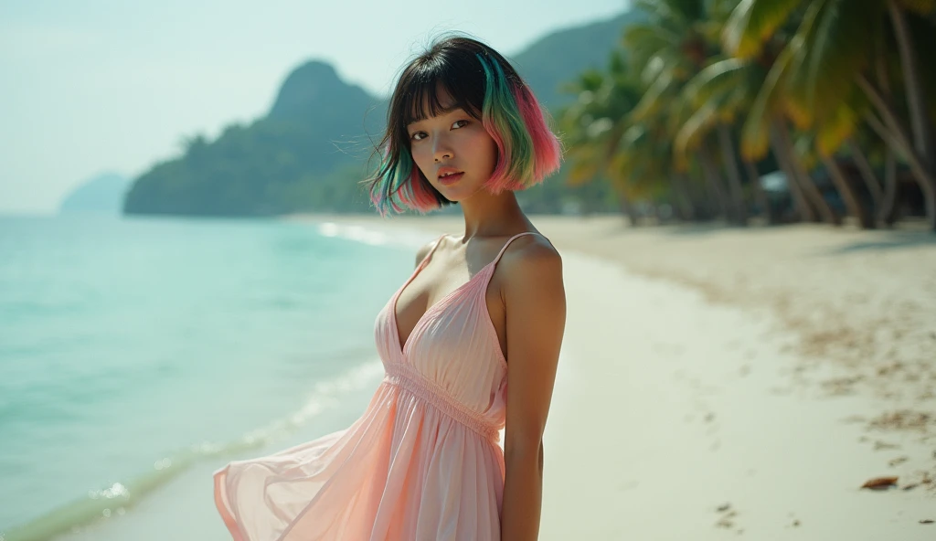 On the beach at Thailand, Beautiful Asia woman, Hooded Eyes, thick eyebrow,bob Cut rainbow hair, dark almond skin tone,Her name is Mia Ella, stands gracefully near the shore as the early morning mist begins to lift. The wind picks up, hair flows beautifull...