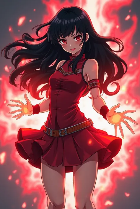 My hero academia style,  full body girl , wearing a short dress to fight ,  with a red aura and her magic channels her into her hands,  long black hair .