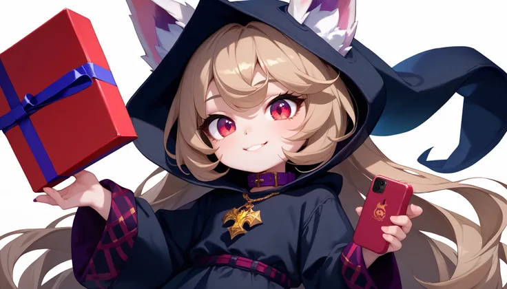 (masterpiece:1.3), (best quality:1.3), (very detailed), (anime style:0.1), game cg, anime coloring,((simple white background)),VexLoLXL,big eyes,yordle,shortstack,red eyes,((light brown hair,bangs,long hair)),shiny_skin,white_skin,white skin,black hood,hoo...