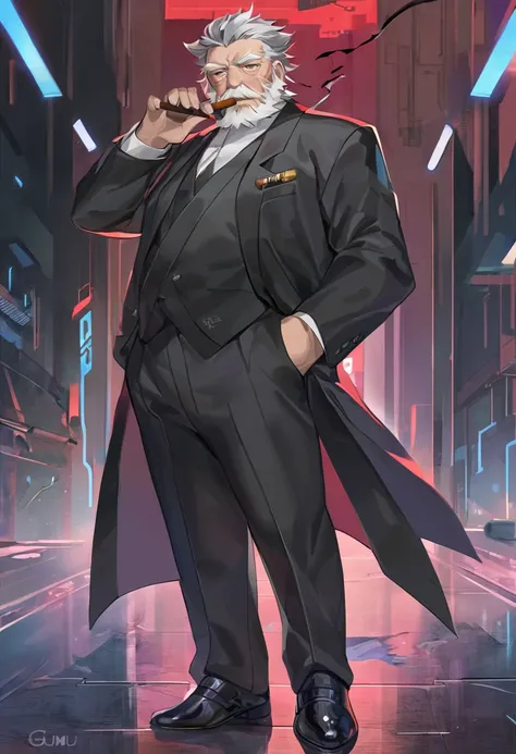 Gu Mu ，  anthropomorphism ，Mature man，  a majestic old man ，Gray hair， Golden pupil ， hands in pockets ，Smoking a cigar，  black suit ，dead end，Cyberpunk era 。