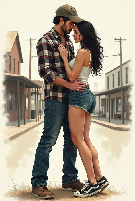  Masterpiece drawing of an intense couple .  He is very handsome similar to Quentin Emery ,  wearing a plaid shirt jeans and cap . She is a beautiful young woman ,  similar to Ersa Bilgic with dark hair and green eyes wearing denim shorts and a white tank ...