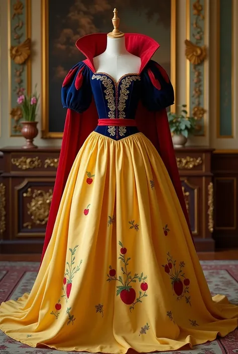  A Snow White-inspired dress , with a magic touch.  The bodice is dark blue with gold and red embroidered details . The yellow skirt is flowing ,  with subtle embroidered apple and branch patterns .  A bright red belt and a short velvet cape complement the...