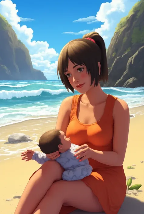 a woman washing a baby on the beach, beautiful detailed eyes, beautiful detailed face, extremely detailed skin, beautiful detailed hands, ocean waves, sandy beach, cliffs, blue sky, white clouds, sunlight, photorealistic, detailed and intricate, hyper-real...