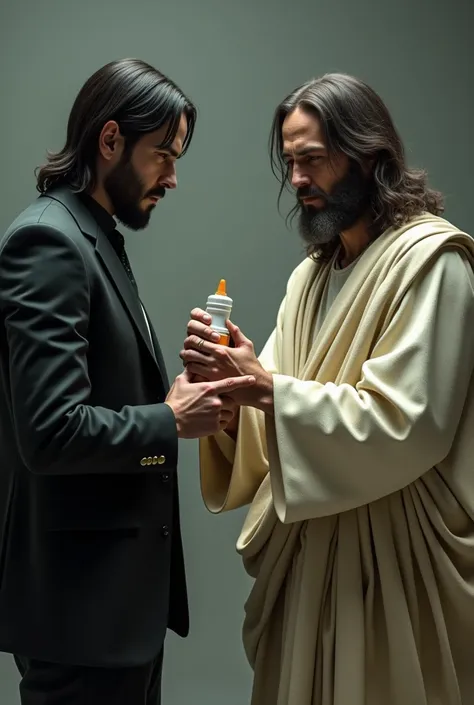 John wick holding baby oil while smoking with jesus