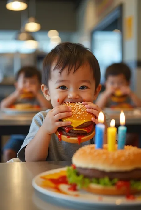 The image shows a cute-looking baby holding a big juicy burger with both hands. He has sauce on his face, suggesting that he is eating enthusiastically and without worry. The baby is wearing a gray t-shirt and appears to be sitting at the dining table. In ...