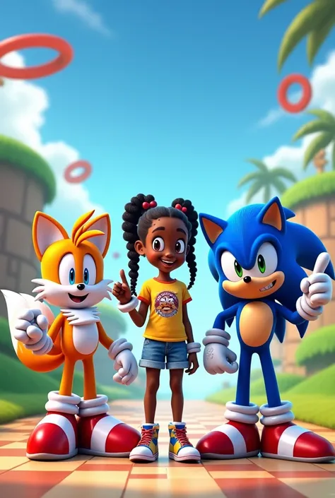 Create an image of a  Black girl with a dark skin tone, standing confidently between life-sized versions of Sonic the Hedgehog and Tails. She has beautifully styled braids adorned with small, colorful beads at the ends. Her build is slightly chubby, radiat...