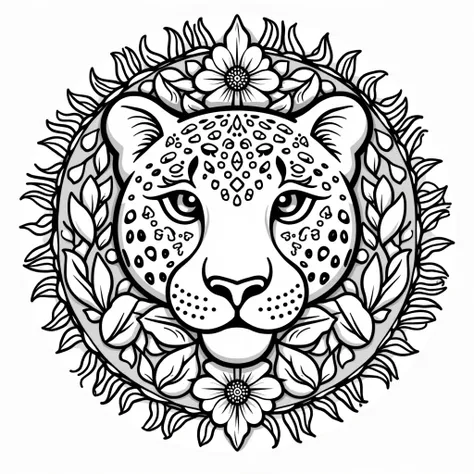 "A jaguar face designed as a mandala, featuring symmetrical features like powerful eyes, a broad nose, and intricate fur patterns. Surrounding the face, a circular arrangement of jungle leaves, vines, and flowers frames the design. The style includes clean...