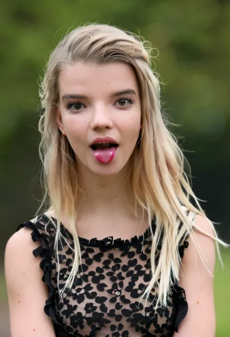 "An image of Anya Taylor Joy sticking out her tongue ".