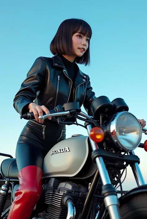  Max Image, high definition ,Surrealistic depiction , Max Image, high definition ,Surrealistic depiction ,The background is bright sky blue 1 color , Japanese motorcycle parked ,The motorcycle manufacturer is Honda , Japanese woman straddling a motorcycle,...