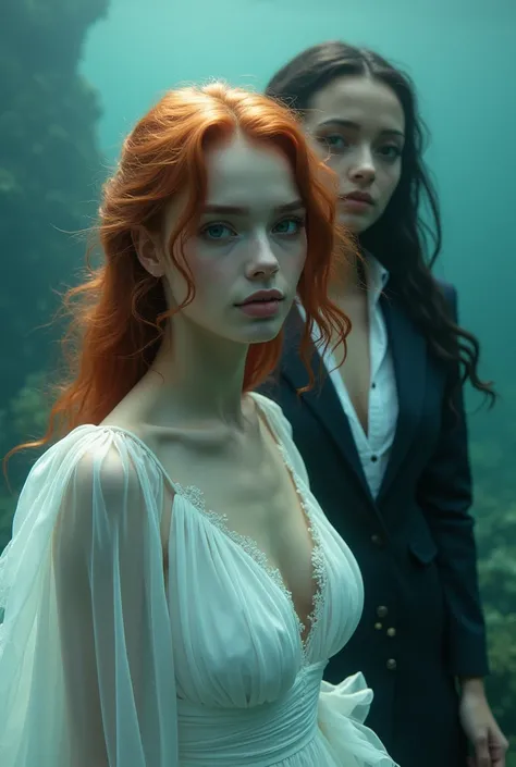  Beautiful young woman with pale complexion in a white dress and copper hair falling to the bottom of the sea is rescued. a young woman with light eyes with smooth skin with black hair wearing a suit and tie 