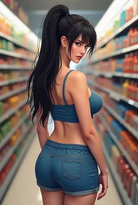 1 woman,Long black hair ponytail,curvy body,hot body,blue shorts,crop top,big breasts (85cm), supermarket background,High quality, Masterpiece 