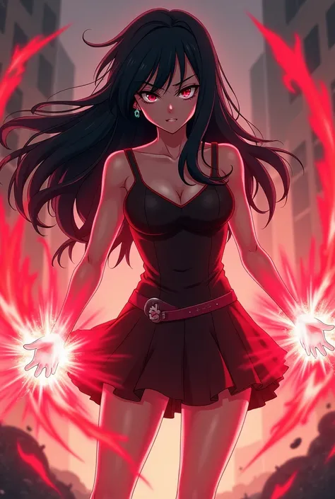 My hero academia style,  full body girl , wearing a short dress to fight ,  with a red aura and her magic channels her into her hands,  with long black hair.