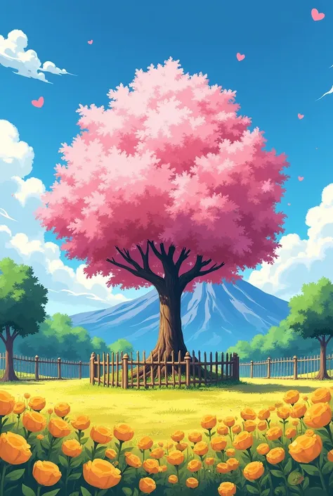 Design an anime tree notebook with a round cherry tree. It is located in the middle and is surrounded by a fence. Thick yellow flowers surround the mountain sky in the background.