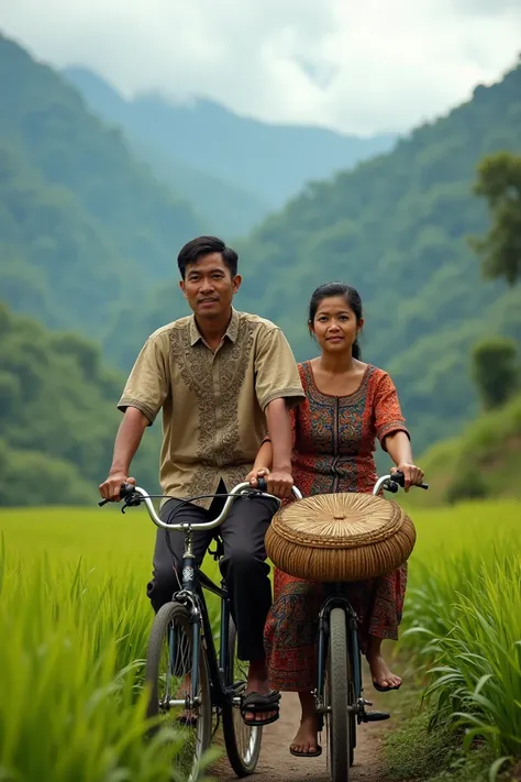 realistic picture of a husband and wife on a bicycle, the woman sitting on the back, the man wearing a pangsi shirt and the woman wearing a traditional kebaya and in her hand holding a round basket with a backdrop of rice fields under the beautiful mountai...