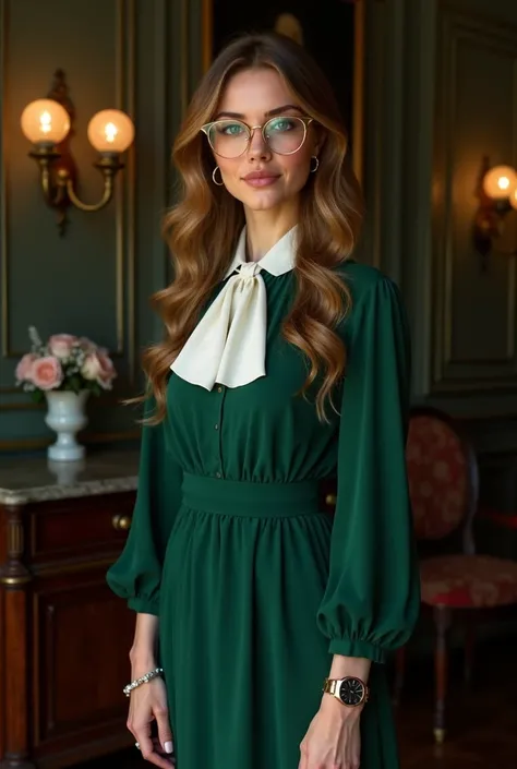 Create a medium-height woman; she is 30 years old, she wears casual and sexy dark green dress with a white ascot. She wears glasses, her glasses have golden frame, she has dark blond colored hair and she has olive colored eyes, she has naturally red lips, ...