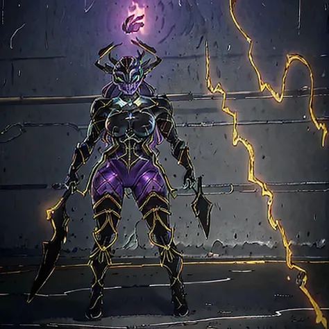 1girl, solo, full rocky black armor, emberheirloom, purple skin, full helmet, bright purple eyes, full body, muscular female, ember, two black horns on the head, medium tits, bright purple serpentine markings, long hair, giant body, sharp teeth